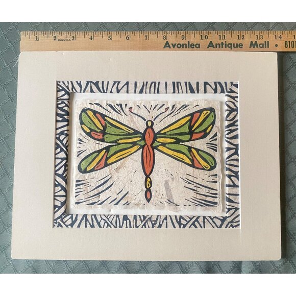 Handmade Dragonfly Block Print Art Artist John Davis 11 x 14 Matted Wall Decor - Picture 7 of 8